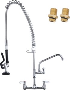 Commercial Kitchen Faucet Wall Mount with Pre-Rinse Sprayer 36" Height Wall Mount Kitchen Sink Faucet 8 Inch Center with 10" Add-on Swing Spout Faucet & Coiled Spring Pull Down Spray