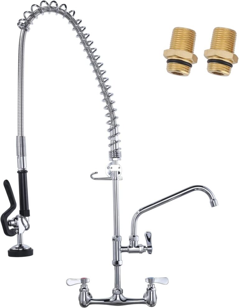 Commercial Kitchen Faucet Wall Mount with Pre-Rinse Sprayer 36" Height Wall Mount Kitchen Sink Faucet 8 Inch Center with 10" Add-on Swing Spout Faucet & Coiled Spring Pull Down Spray