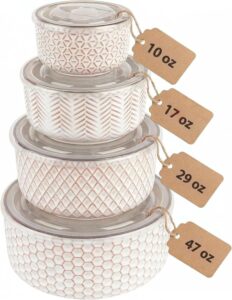 KooK Serving Bowls, with Lids, Ceramic Nesting Bowls, Set of 4, Embossed, Kitchen, Prep, Stackable, Gift, Microwave and Dishwasher Safe, 10/16/29/47 oz, Narbonne Collection (Ivory)