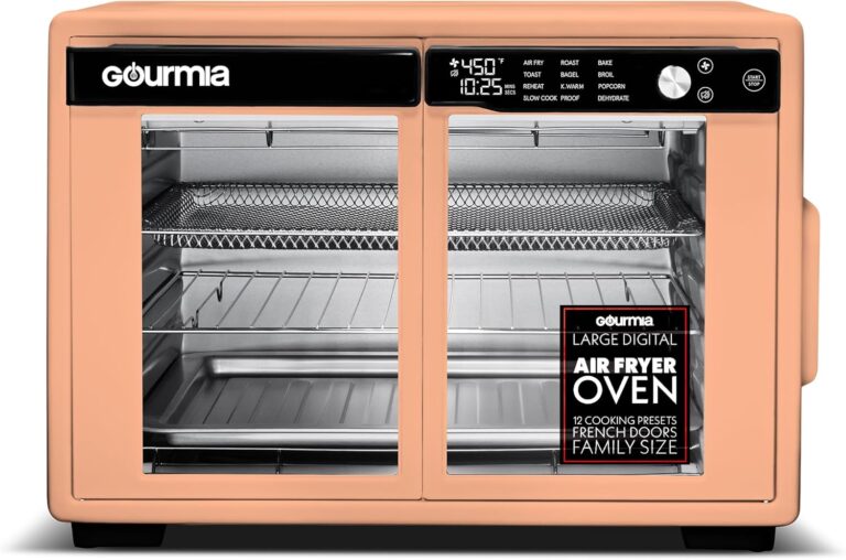Gourmia French Door Air Fryer Oven - 37 Qt Large Capacity Convection Toaster Oven, FryForce 360°, Digital Display, 12 Cooking Presets, Dehydrate, Fits 13” Pizza, Dishwasher-Safe, Peach