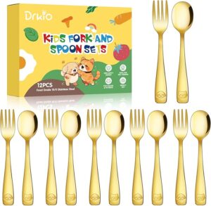 DRKIO Stainless Steel Toddler Utensils Set - 12 Pieces Kids Silverware Set Children Safe Food Grade Small Forks and Spoons Dishwasher Safe Mirror Polished