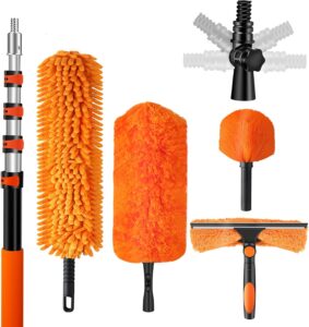20ft High Reach Duster Kit with Extendable Pole (5-12ft),High Ceiling Duster Kit Includes–Ceiling Fan Blade Cleaner, Cobweb Remover, Bendable Duster, Microfiber Glass Scrubber & Squeegee & Swivel Head