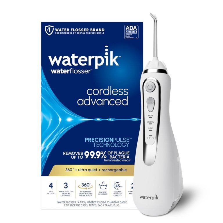 Waterpik Cordless Advanced 2.0 Water Flosser For Teeth, Gums, Braces, Dental Care With Travel Bag and 4 Tips, ADA Accepted, Rechargeable, Portable, and Waterproof, White WP-580, Packaging May Vary Waterpik Cordless Advanced 2.0 Water Flosser For Teeth, Gums, Braces, Dental Care With Travel Bag and 4 Tips, ADA Accepted, Rechargeable, Portable, and Waterproof, White WP-580, Packaging May Vary