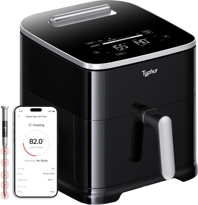 Typhur Sync 8QT AI Smart Air Fryer with Built-in Wireless Meat Thermometer, 9-in-1 XL Non Toxic Ceramic Airfryer, 450°F Max, Cooks 6lb Whole Chicken, Quiet & Dishwasher Safe, 120V
