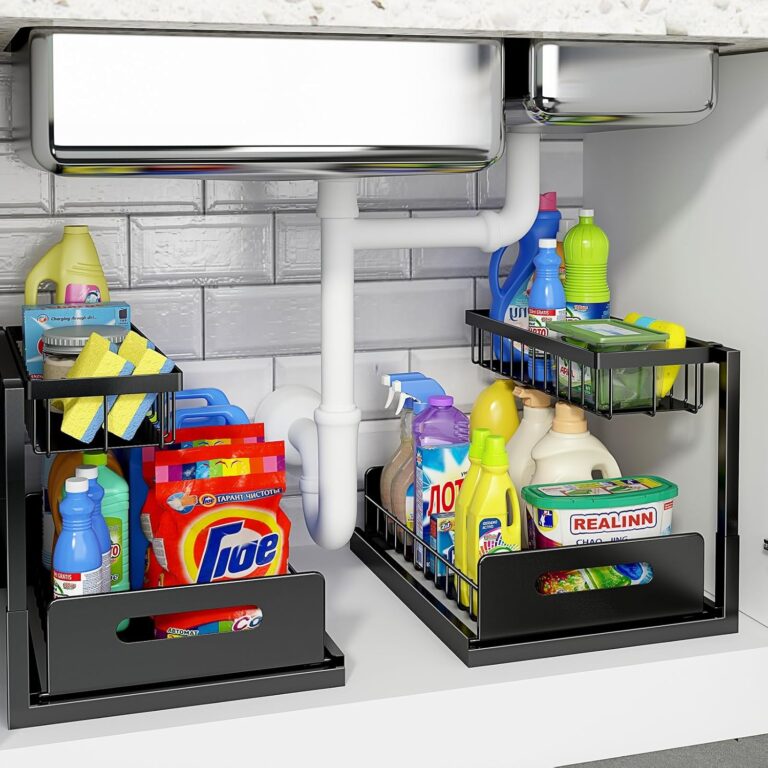 REALINN Under Sink Organizer, Pull Out Cabinet Organizer Slide Out Sink Shelf Cabinet Storage Shelves, Storages for Kitchen Bathroom, Black, 2 Pack