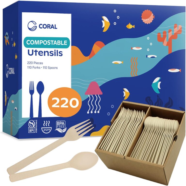 CORAL Light Brown 100% Compostable Spoons & Forks Set – 220 Pieces – No Plastic Utensil 110 Forks, 110 Soup Spoons – Break Resistant with Smooth Edges, Ocean Friendly Alternative to Plastic Silverware