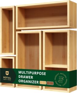 ROYAL CRAFT WOOD 5-Piece Bamboo Drawer Organizer Set – Multi-Use Storage Trays for Kitchen, Bathroom, Office, Makeup, Jewelry & More – Junk Drawer Tray, Utensil Holder, Storage Box & Bin Set (5 Boxes)