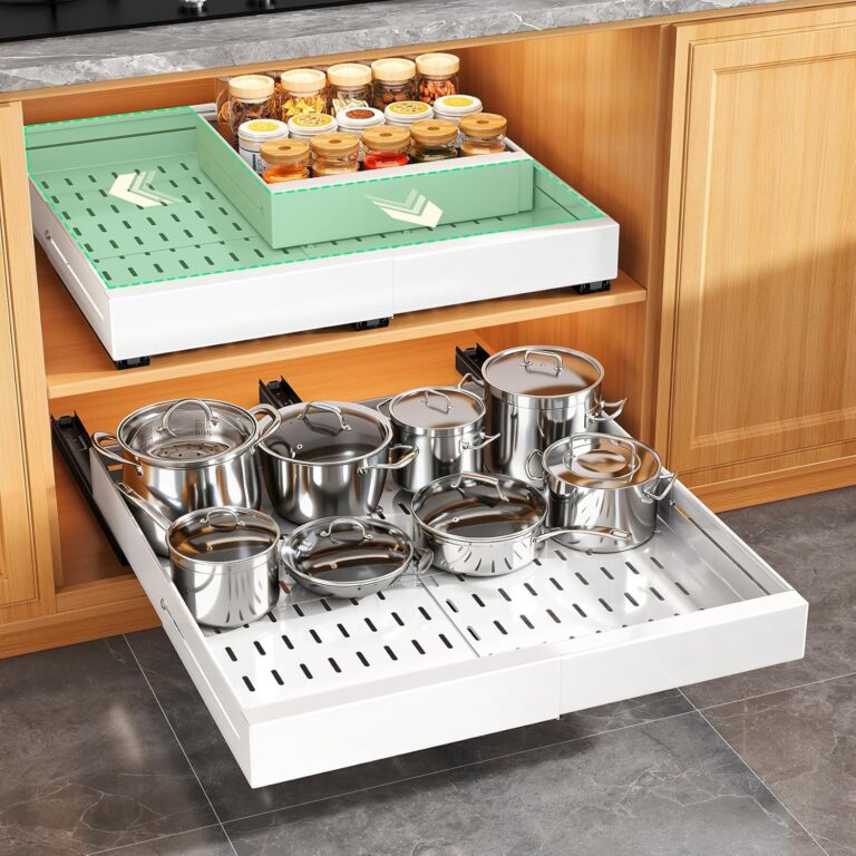 2 Pack Pull out Cabinet Organizer, Expandable Width(14"-24"), Depth(13"-24") with 3 Rails, Slide Out Drawers With Raising Pad for Framed Cabinets, with Adhesive Film for Cabinets in Kitchen, White