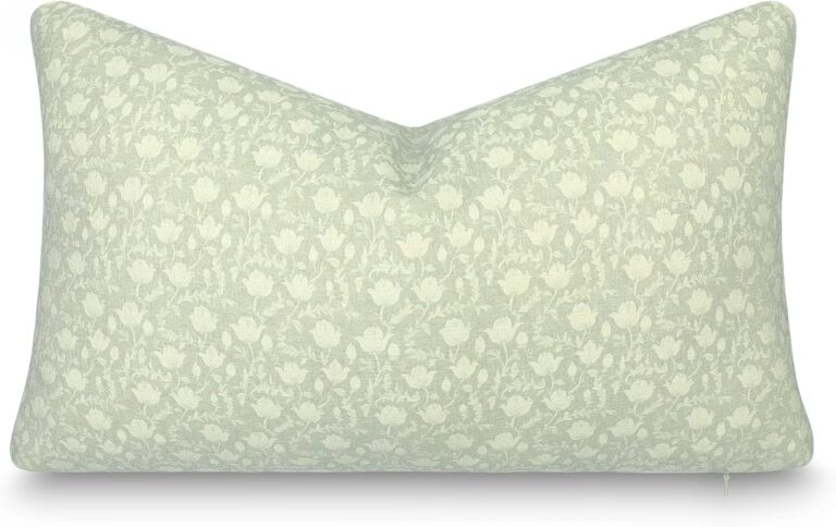 Crumbs Home Modern Farmhouse California Casual Indoor Outdoor Lumbar Pillow Cover, 12"x20" Water Repellent for Patio, Backyard, Couch, Poolside, Light Green Print Botanical Flowers and Leaves