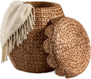 Best Choice Products Scalloped Multipurpose Hyacinth Storage Basket, Plant Décor, Handwoven Organizer Tote for Bedroom, Living Room, Nursey, w/Lid - Chestnut