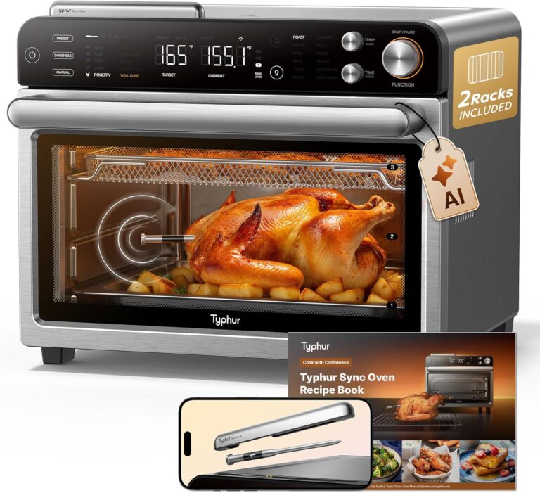 Typhur Sync Oven with Smart Wireless Meat Thermometer Probe, 12‑in‑1 Countertop Airfryer Toaster Oven Combo, 360° Turbo Convection, Dehydrator, Recipes & 5 Accessories, Large 27QT with Extra Wire Rack